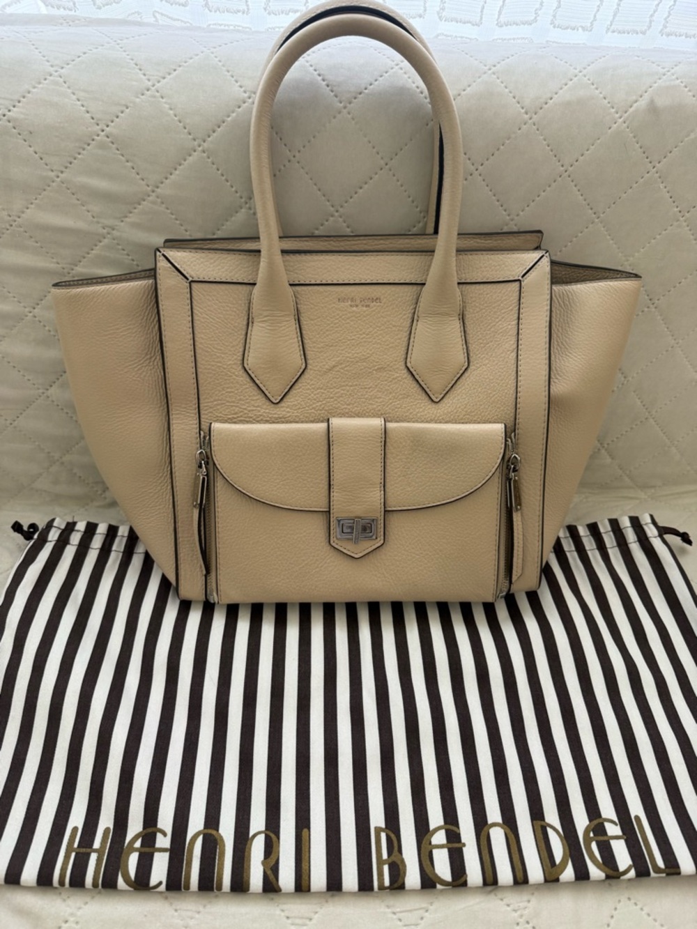 Henri Bendel Beige Leather Structured Tote Bag